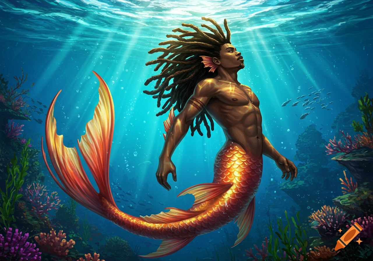 An African American merman with locs and a golden koi fish tail swims gracefully in sunlit blue water surrounded by colorful coral.