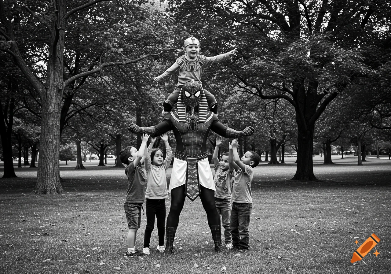 Black and white photo of a man in a Spider-Man/Egyptian costume held up by four children, with another child on his shoulders, in a park.