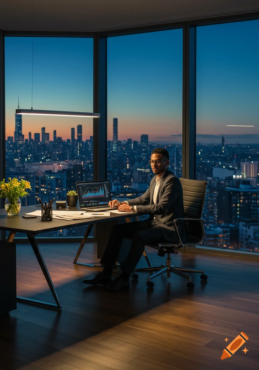 A man in a suit works on a laptop at a desk in a high-rise office, with a city skyline visible through a large window at dusk. Photorealistic style.