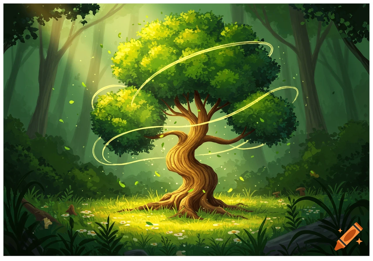 A vibrant illustration of a mystical, gnarled tree with glowing light trails in a sunlit forest clearing.