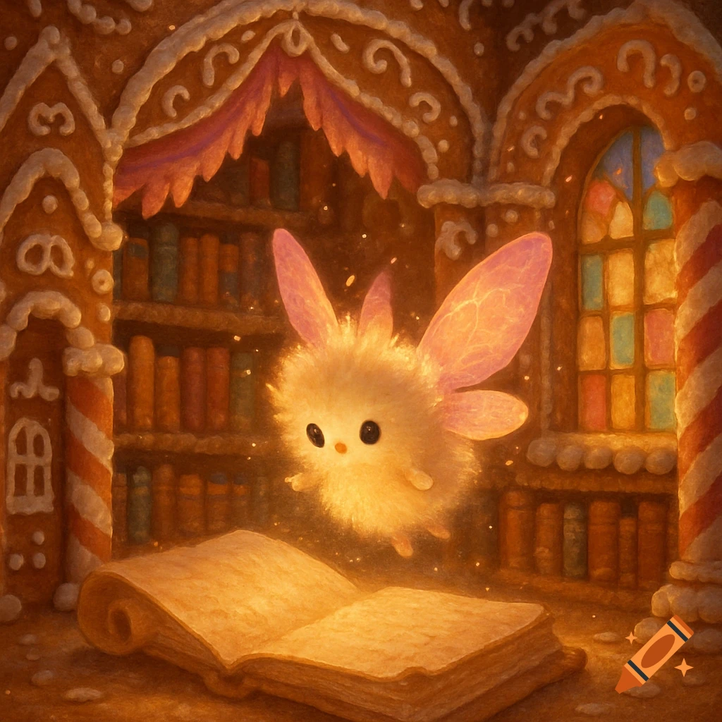 A fluffy, white and pink fairy floats above an open book in a whimsical gingerbread library.