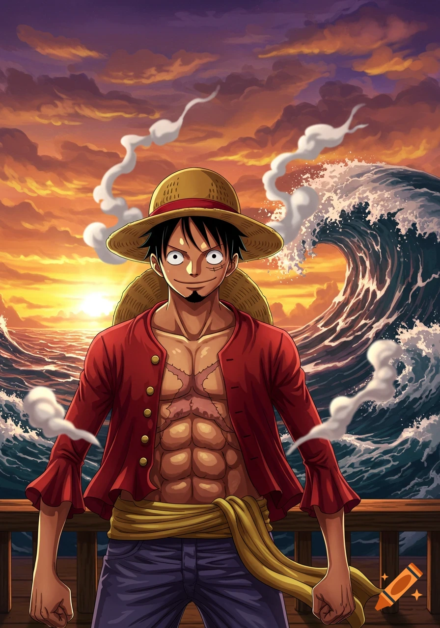 Luffy in his straw hat and red shirt stands on a ship deck against a dramatic sunset and crashing waves in anime style.
