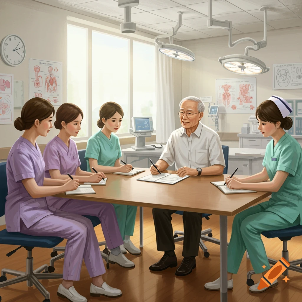Elderly patient and four nurses at a table in a bright medical room, all writing. Realistic style.
