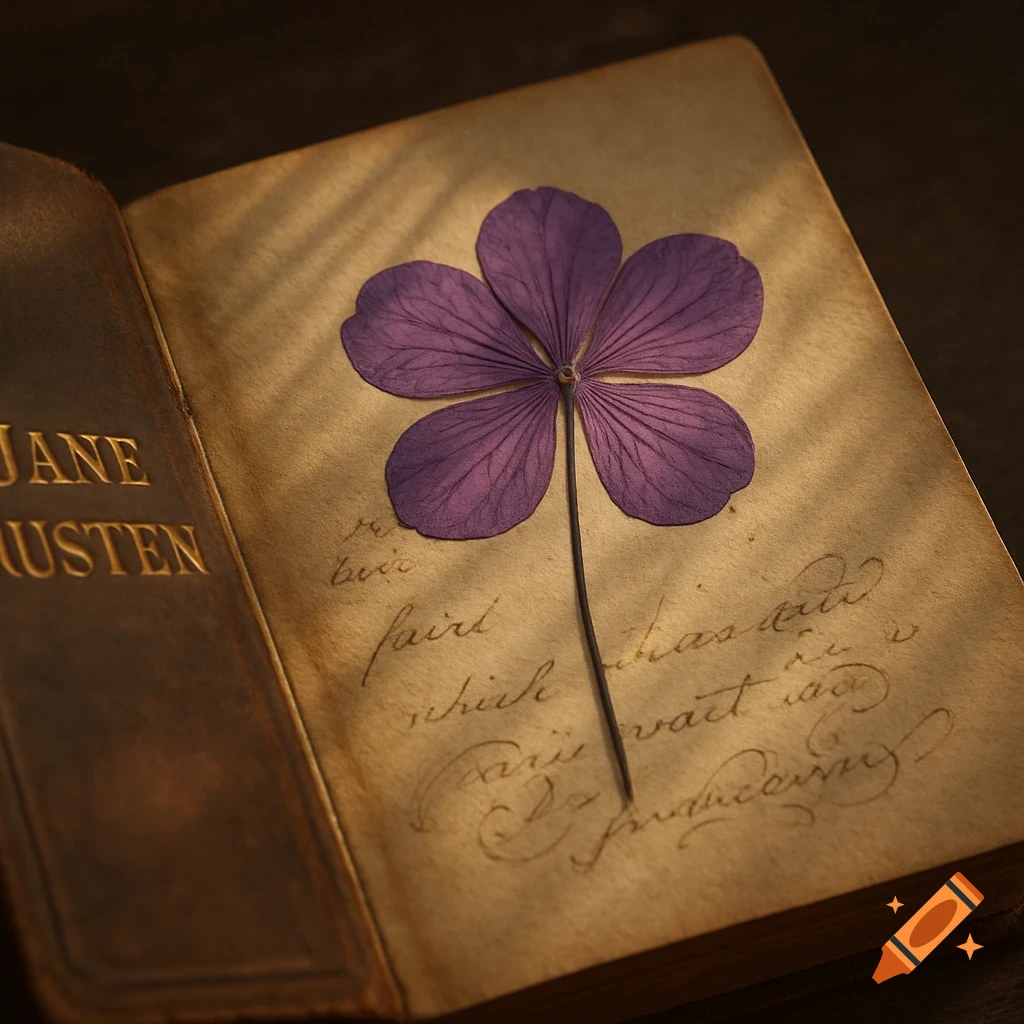 A pressed purple flower rests on the aged, handwritten page of an open book with "JANE AUSTEN" embossed on the left page. The scene is bathed in warm, soft light.
