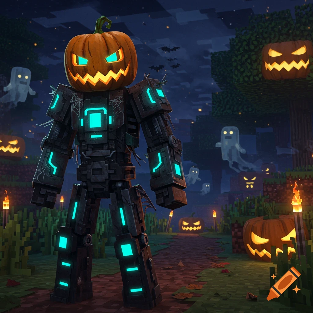 A glowing jack-o'-lantern headed robot stands on a Minecraft-style Halloween path with ghosts, pumpkins, and torches.