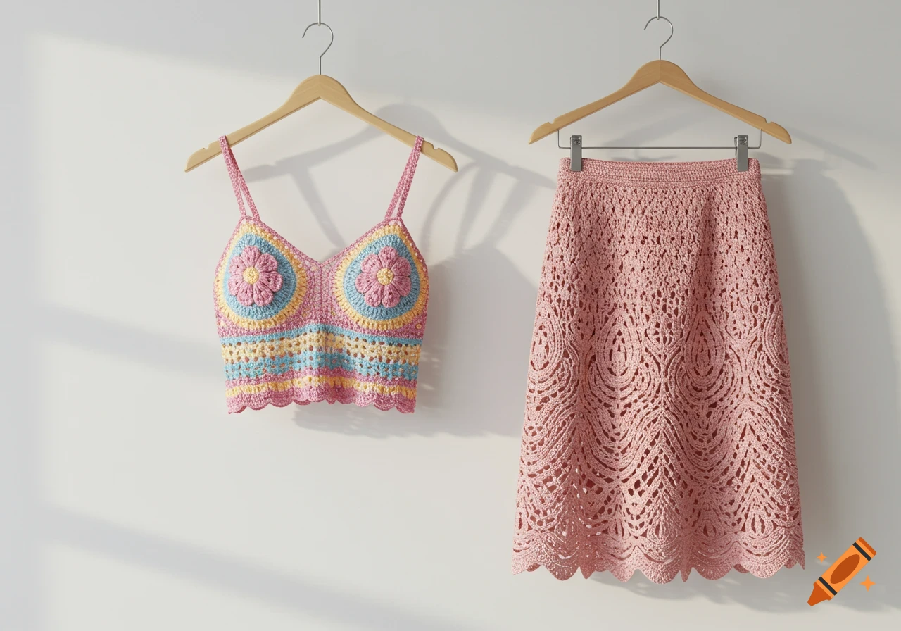 A colorful crochet crop top with floral patterns and a pink crochet skirt hanging on a white wall.