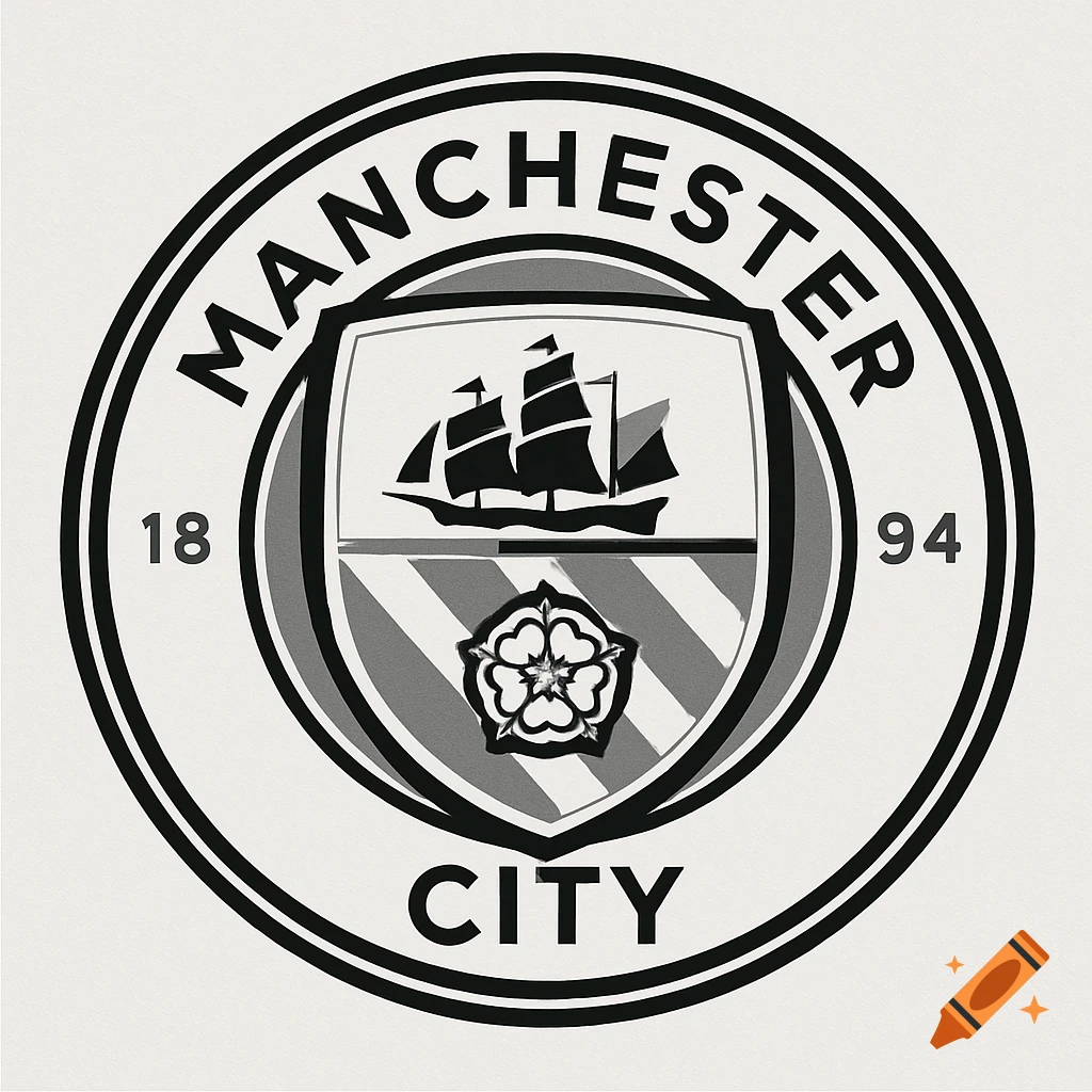 Black and white circular Manchester City Football Club logo with a ship, rose, and text 'MANCHESTER CITY' and '18 94'.