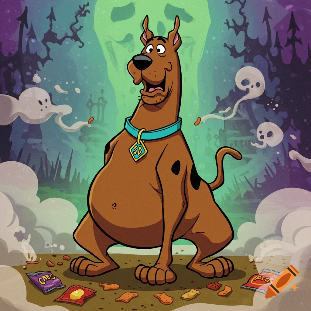A fat Scooby Doo stands nervously in a haunted landscape with ghosts and snack bags on the ground, cartoon style.