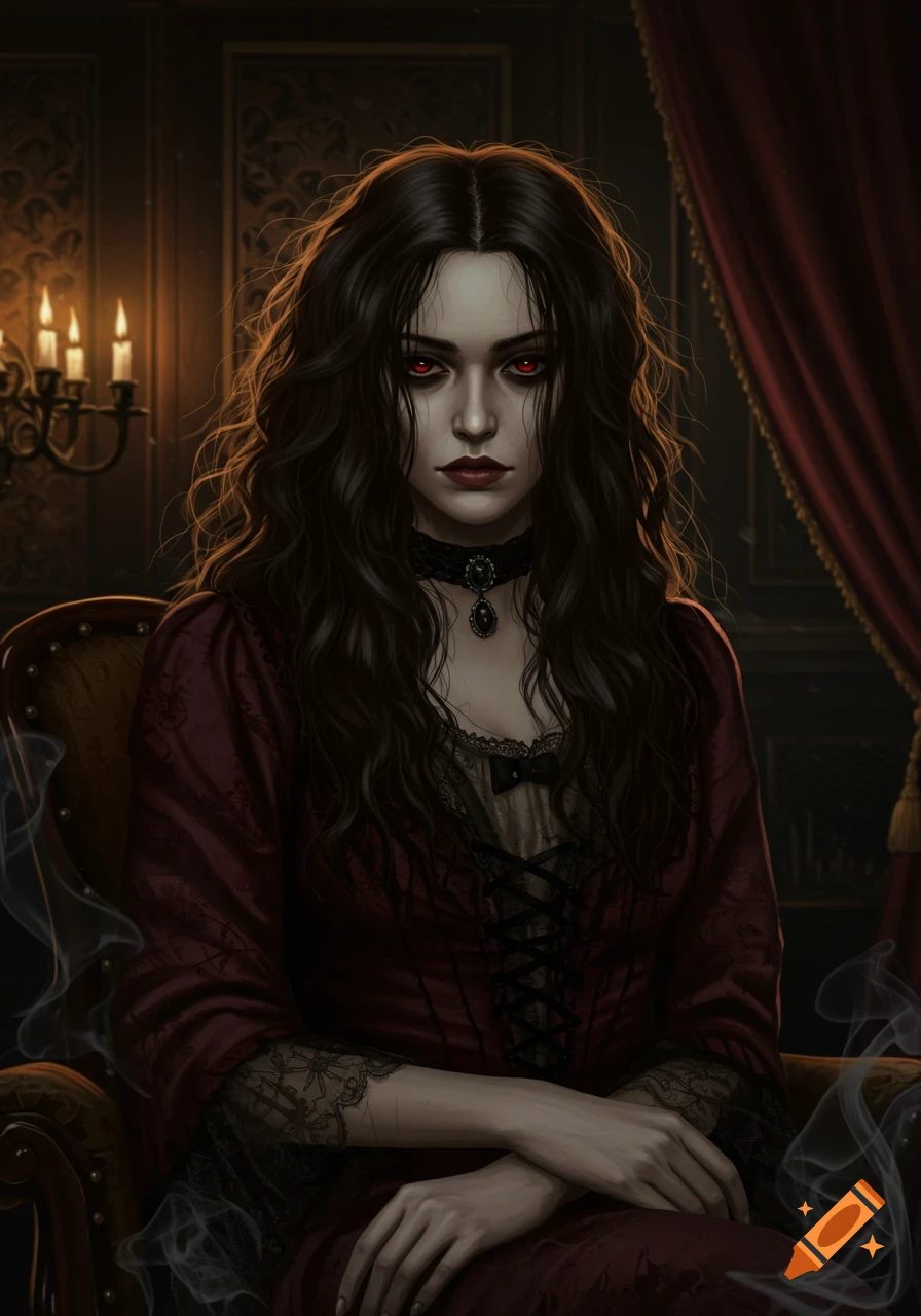 Gothic portrait of a woman with long dark hair and red eyes, sitting in an ornate, candlelit room.