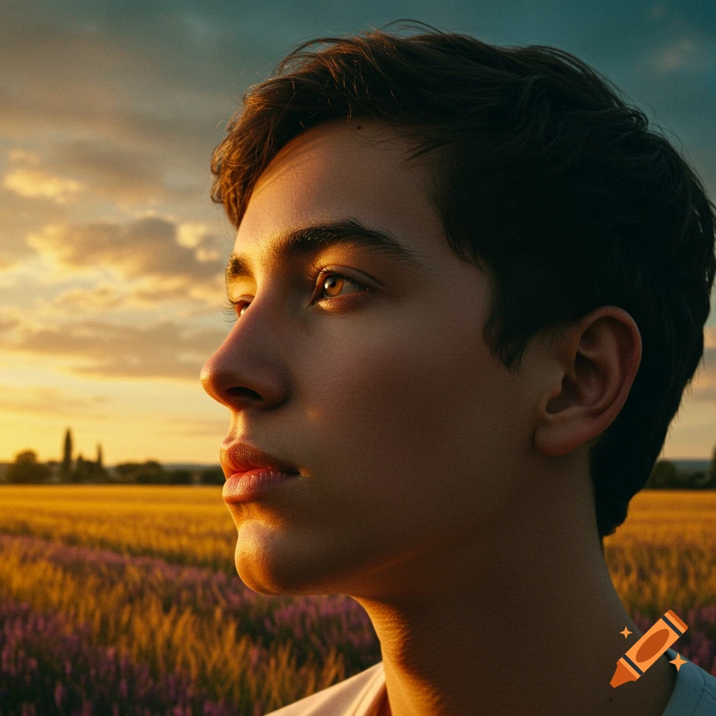 Photorealistic portrait of a young man in profile, bathed in golden sunset light over a field.