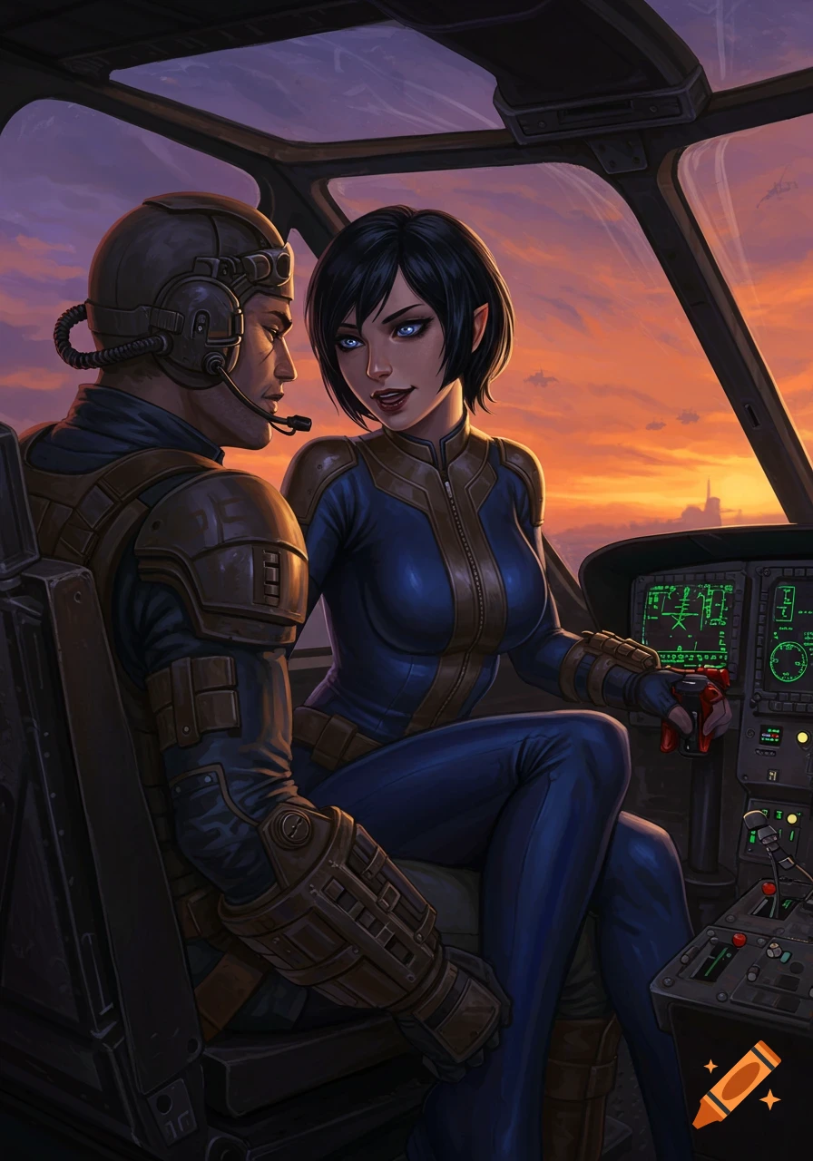A man in a pilot helmet flirts with a woman in a blue Fallout vault suit in a helicopter cockpit against a sunset. Illustration.