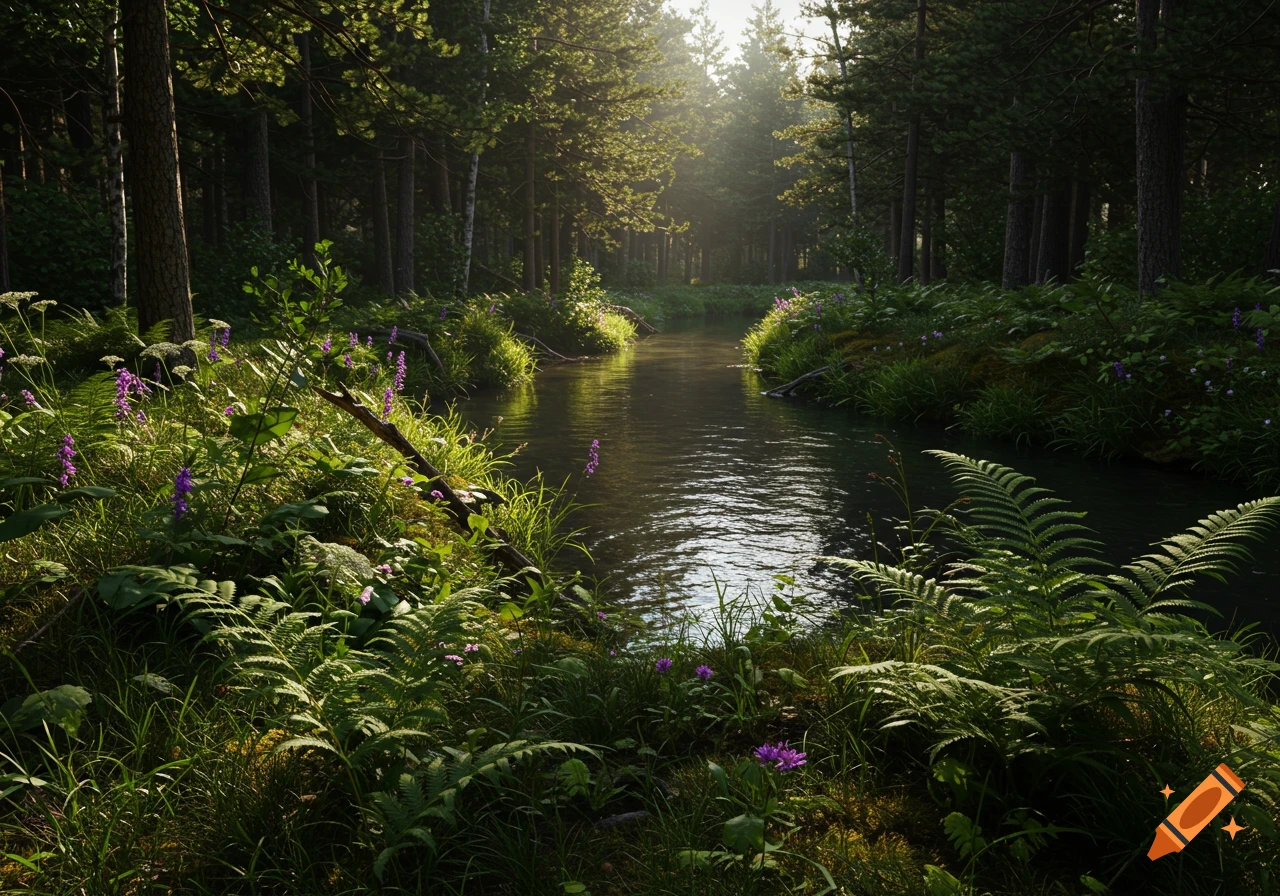 A narrow stream flows through a lush, sunlit forest with green trees and purple wildflowers, photorealistic.