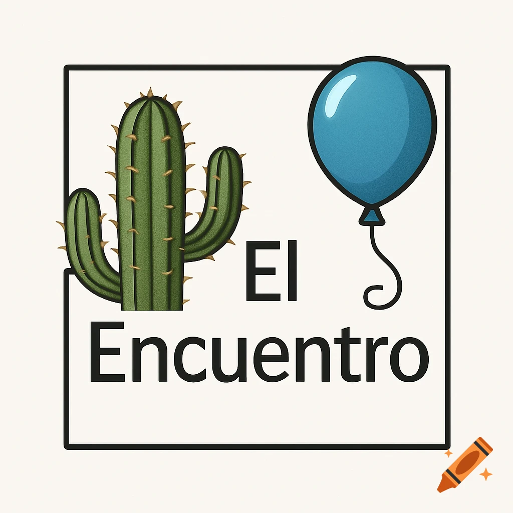Logo with a green cactus and a blue balloon inside a black square frame, with the text 'El Encuentro'.