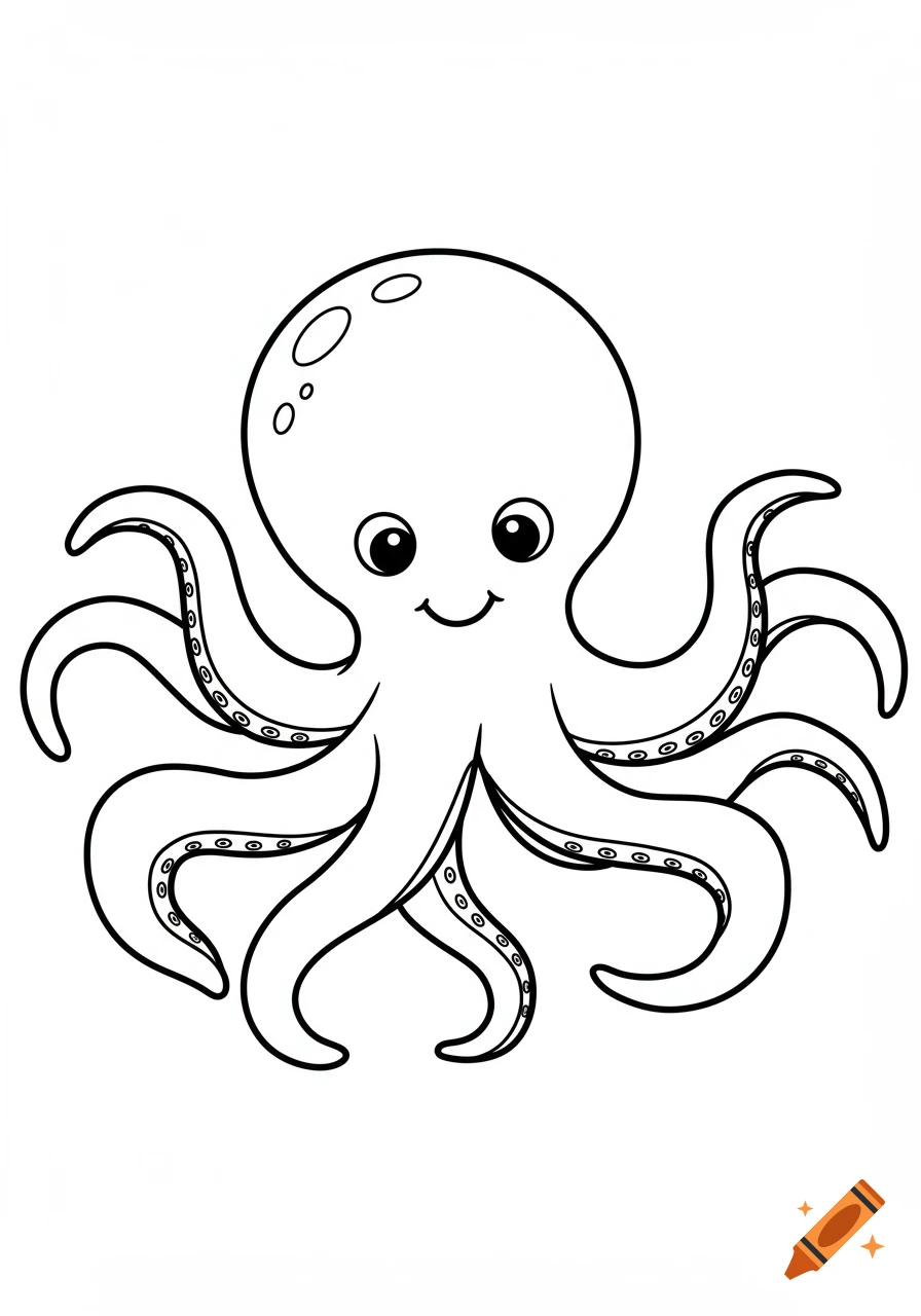 A friendly cartoon octopus with a smiling face and eight tentacles, drawn as a black outline on a white background, suitable for a kids coloring page.