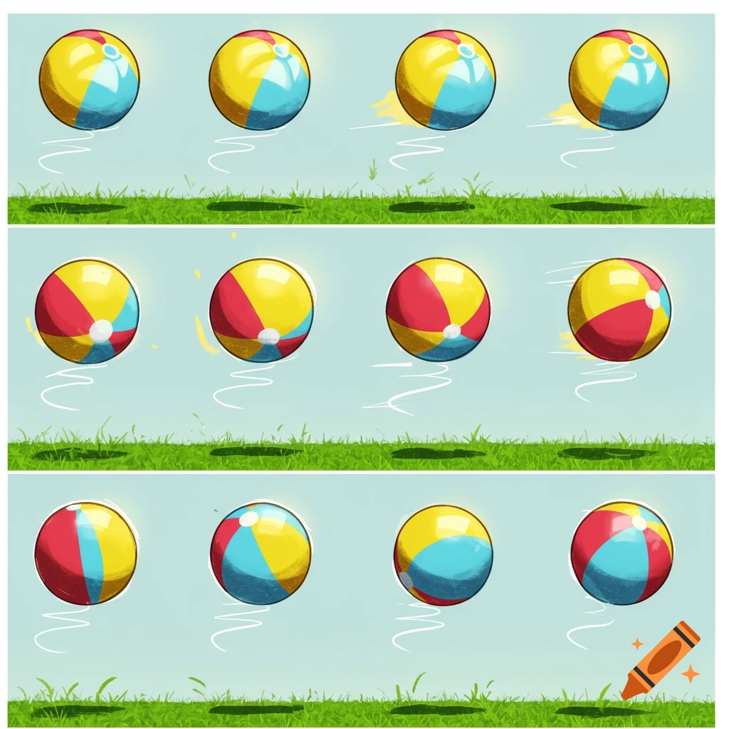 Twelve cartoon frames showing a red, yellow, and blue beach ball bouncing over green grass against a light blue sky.