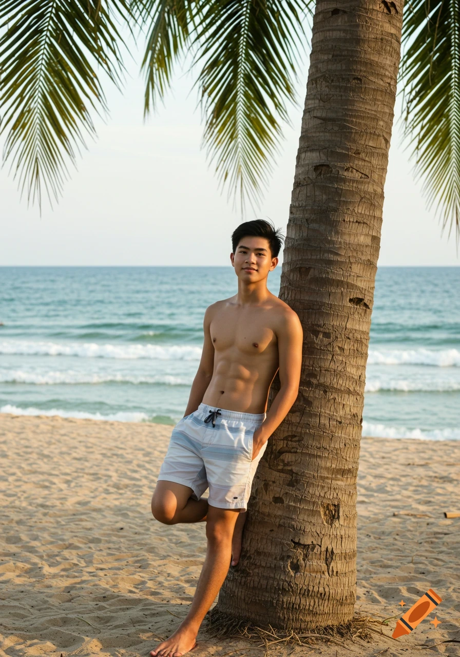 Photorealistic full-body portrait of a young man leaning against a palm tree on a sunny beach.