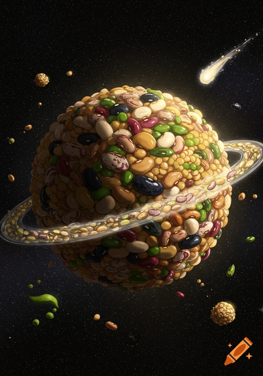 A vibrant planet made of various colorful beans with a ring of smaller beans, set against a dark starry space background with a bright comet.