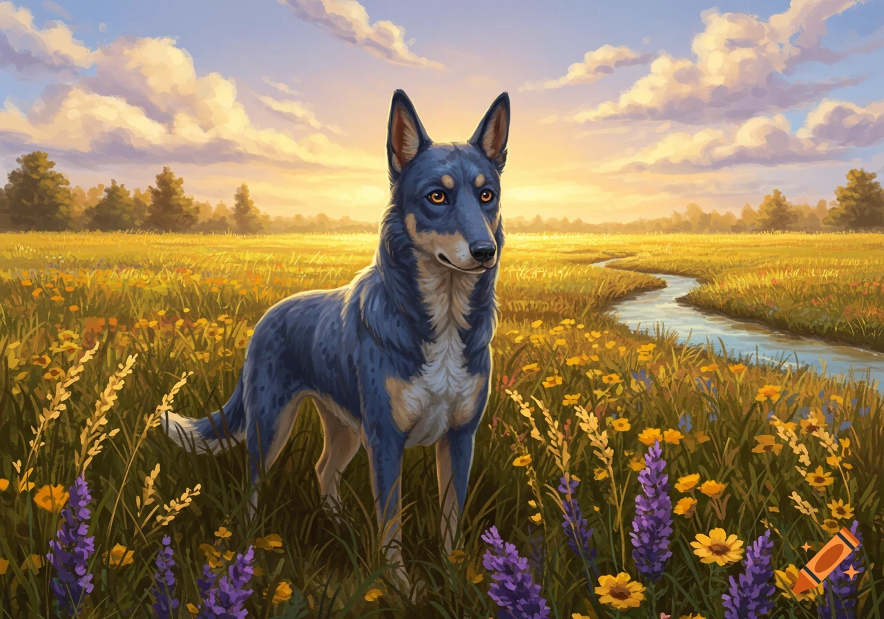 A blue dog stands in a field of yellow and purple wildflowers with a stream at sunset, in a digital painting style.