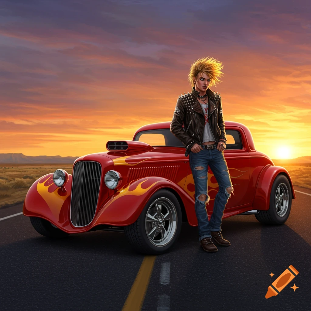 A punk-rock person with spiky blond hair, a studded jacket, and ripped jeans leans on a red hotrod with flame decals at sunset.