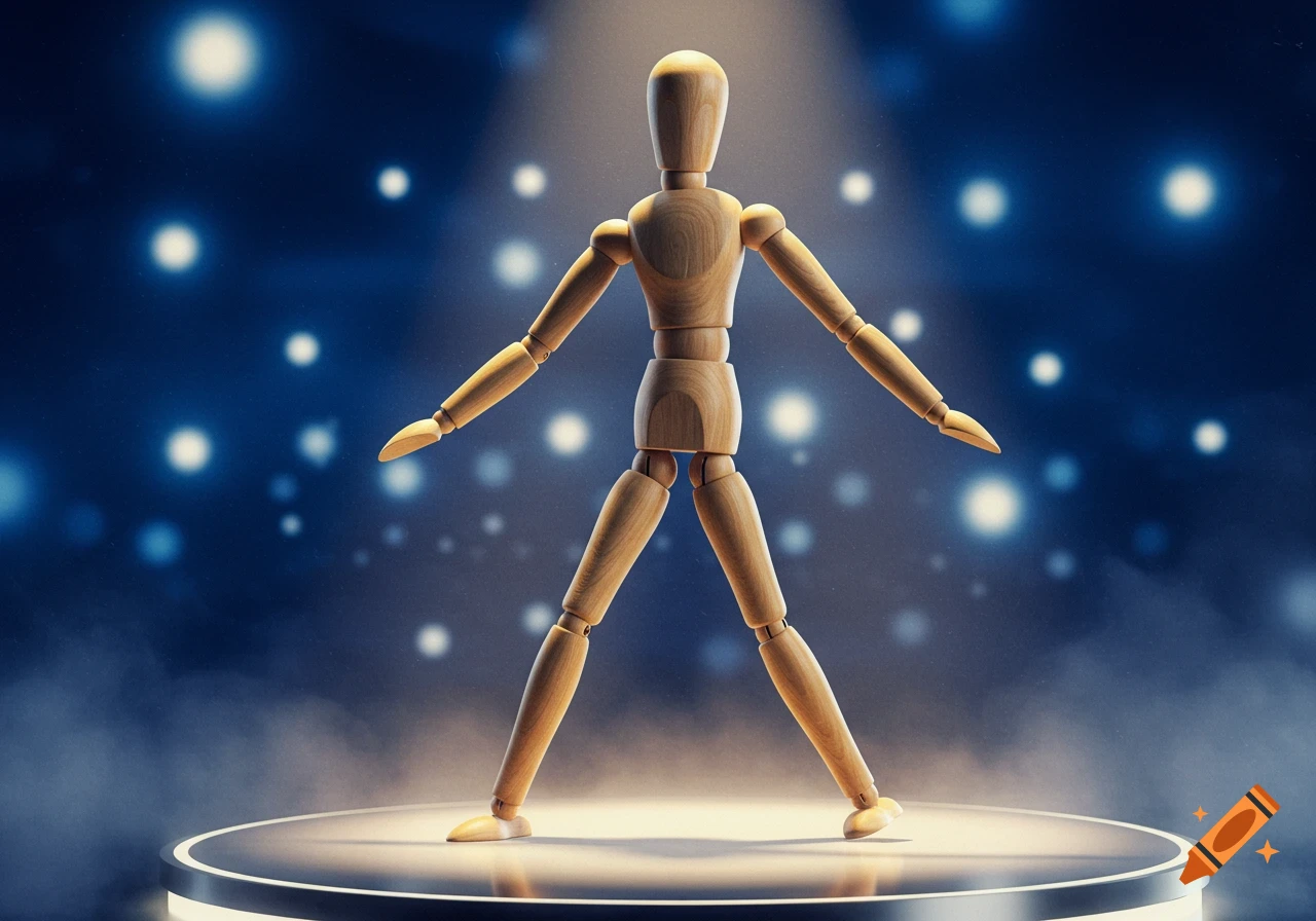 A wooden mannequin stands with arms and legs spread under a spotlight on a circular stage with a blue bokeh background.