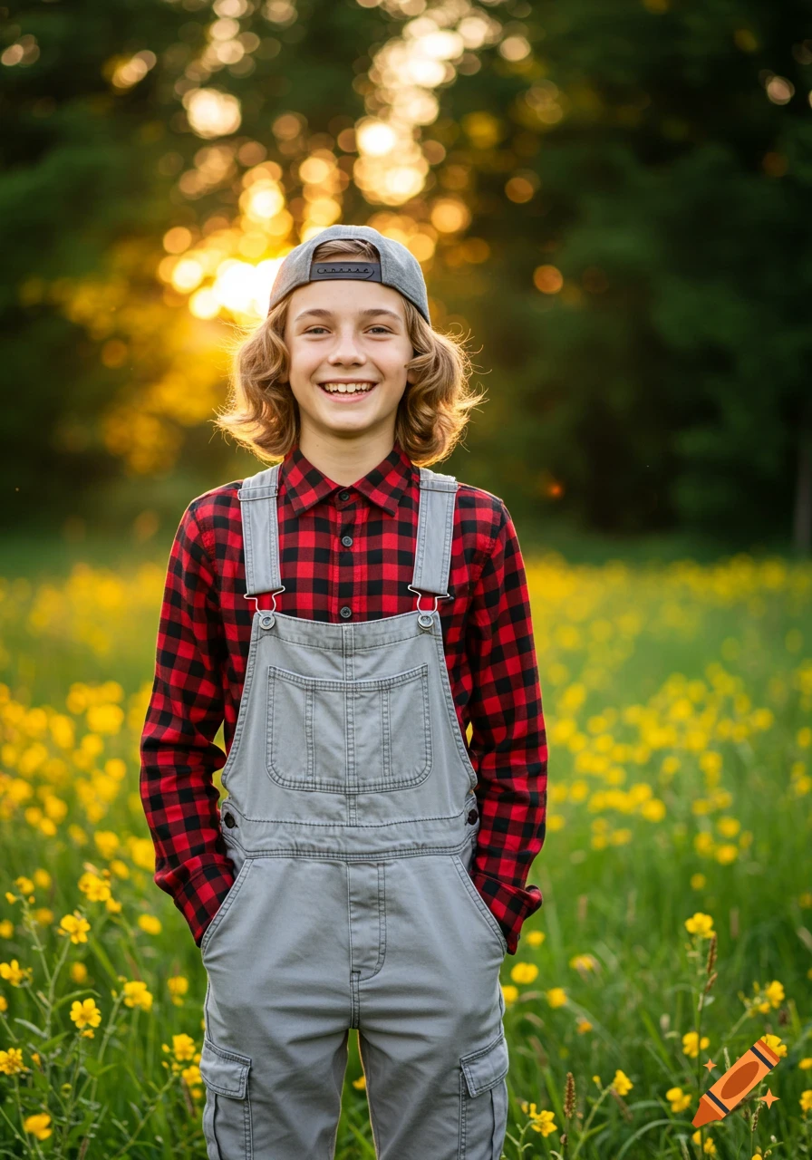 A smiling boy with wavy blonde hair and a backward cap wears a plaid shirt and overalls in a sunny field of yellow flowers.