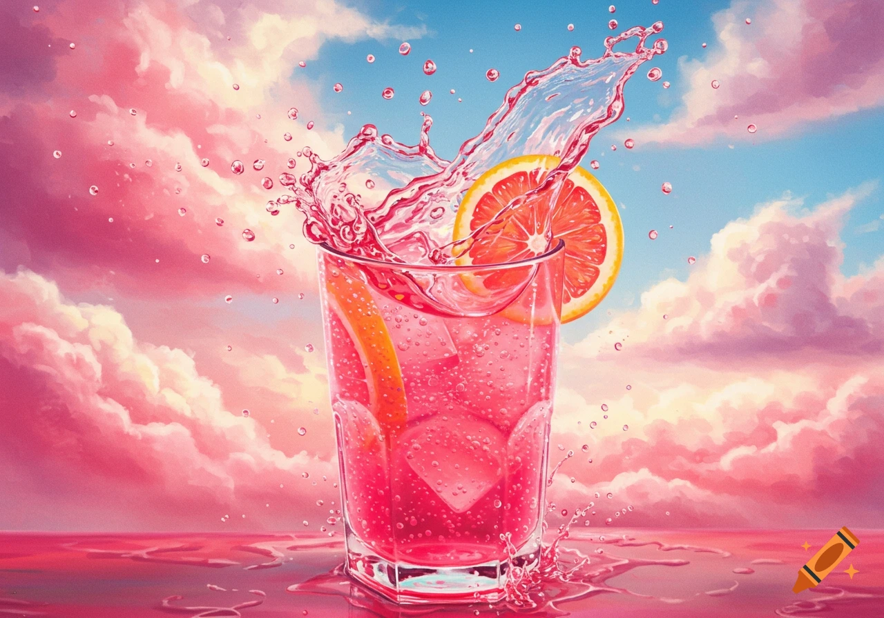 Vibrant pink lemonade with grapefruit slices and ice splashing out of a glass, set against a background of pink clouds and blue sky.
