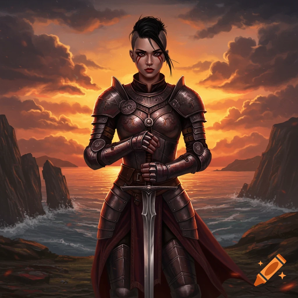 A warrior woman in ornate dark armor holds a sword, standing before a dramatic sunset over a choppy sea and rocky cliffs in a digital art style.