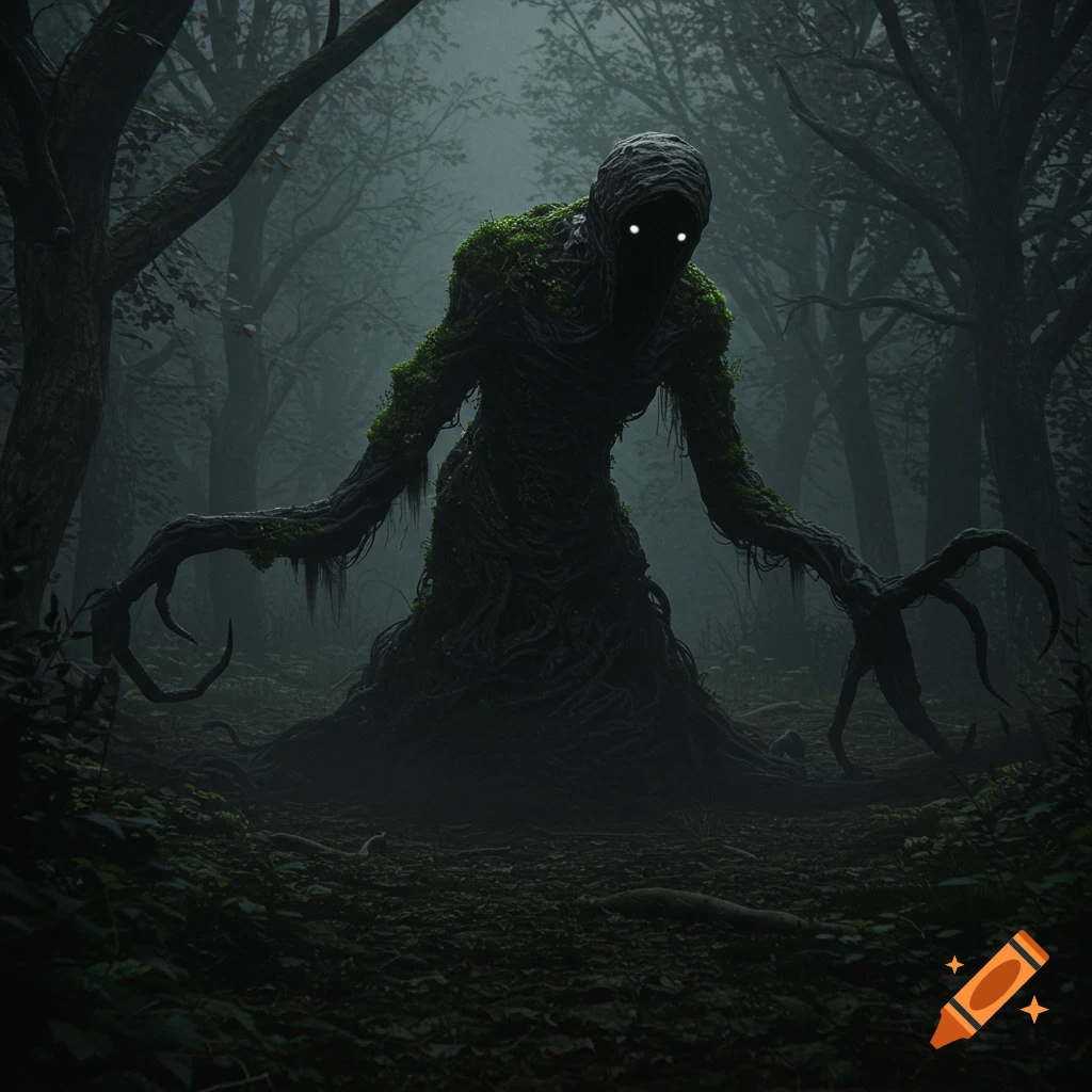 A terrifying, mossy, root-like monster with glowing white eyes stands in a dark, foggy forest.