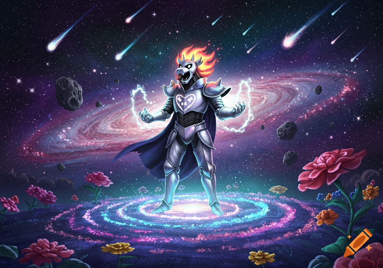 A monstrous knight with flaming hair and silver armor stands in a vibrant galaxy scene with flowers and meteors, casting glowing energy.