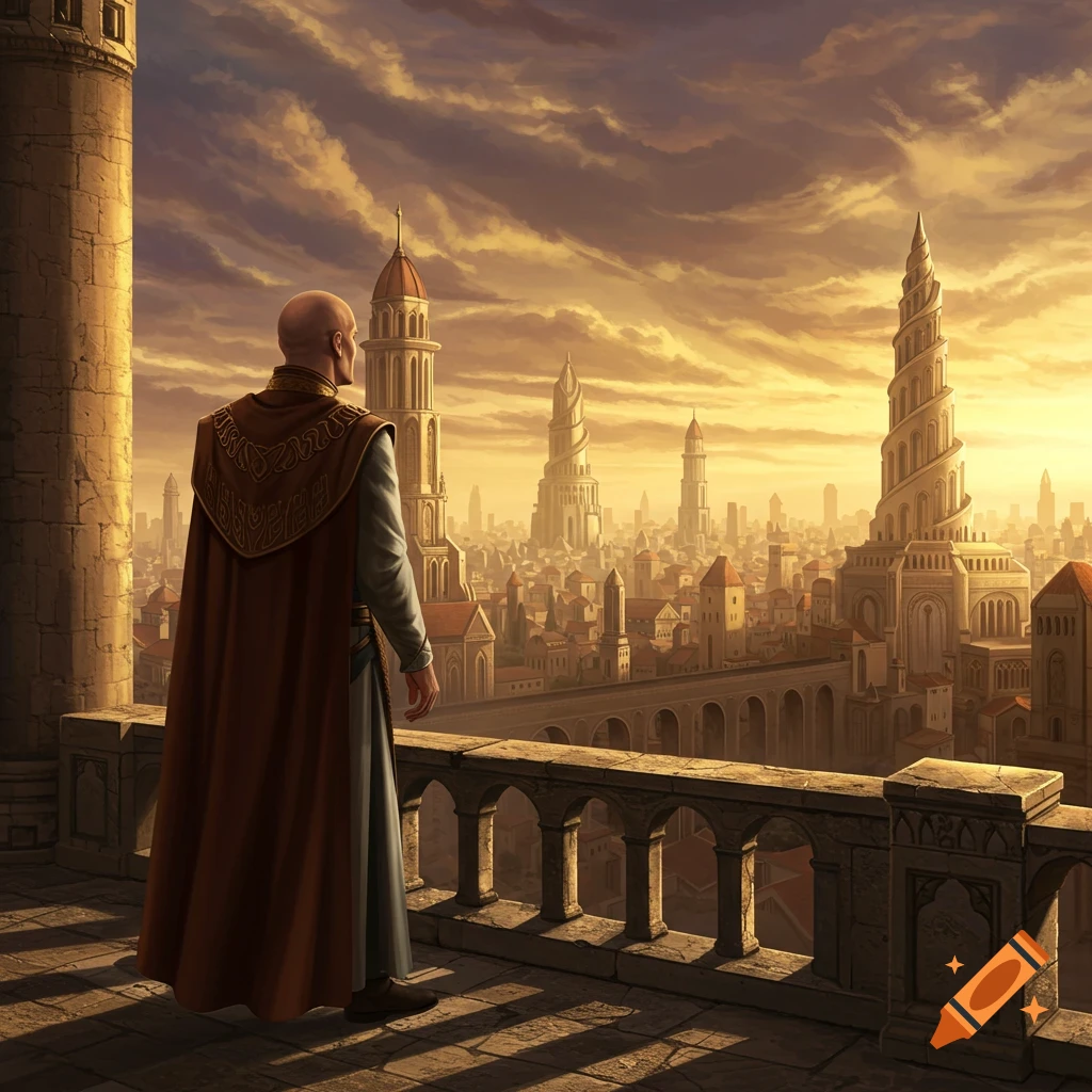 A bald man in a long brown robe stands on a balcony, overlooking a sprawling fantasy city with spiraling towers at sunset.