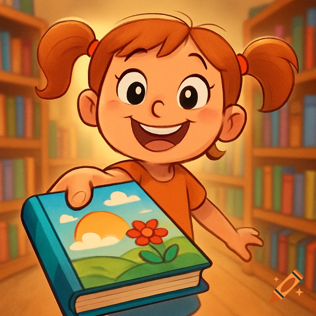 A cheerful cartoon girl with pigtails smiles while holding a brightly illustrated book out to the viewer in a library.