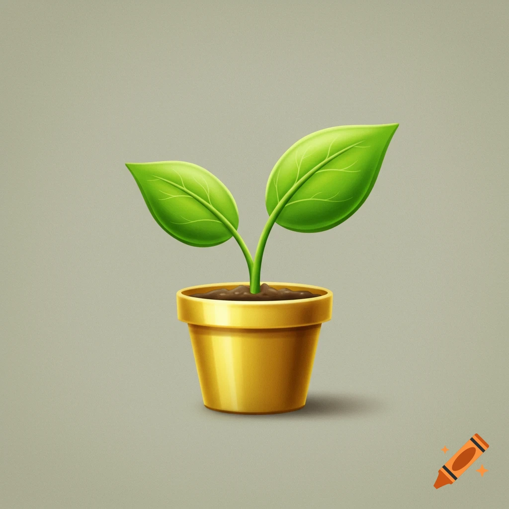 A stylized icon of a small green plant with two leaves in a golden pot.