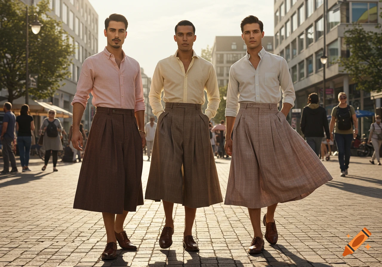 Three men in stylish shirts and wide culottes walk on a cobbled city street at sunset, photorealistic.