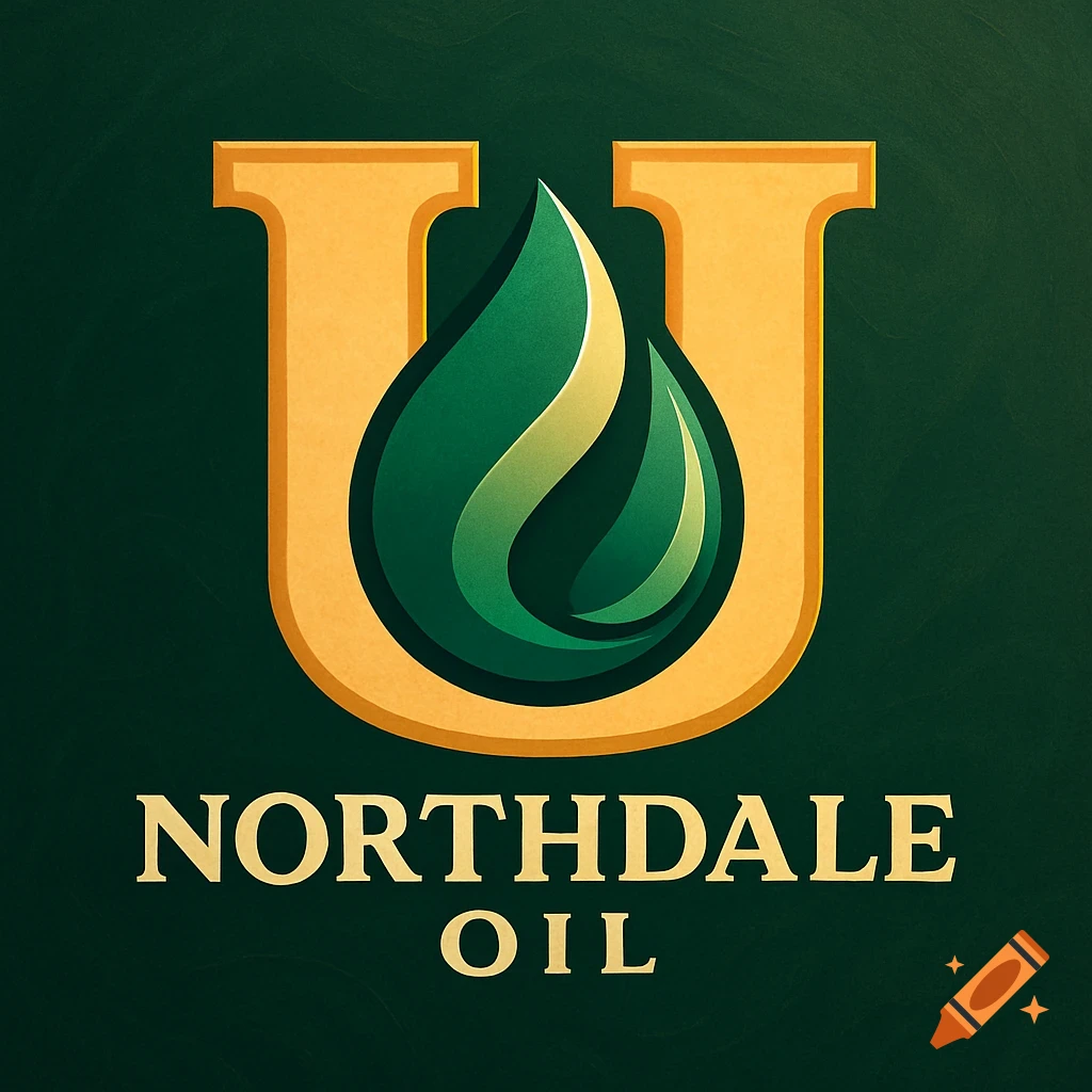 Logo for Northdale Oil featuring a golden 'U' and a green stylized oil drop/leaf design on a dark green background.