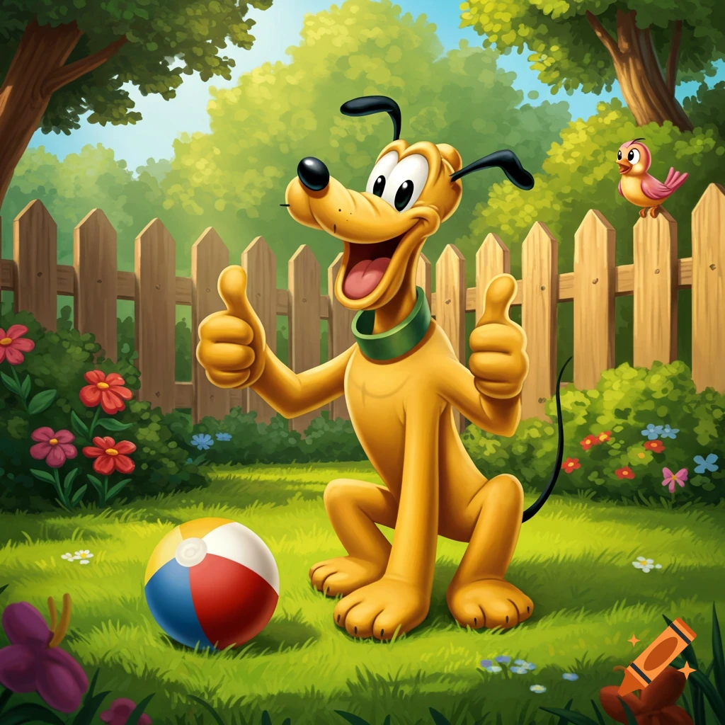 Cartoon Pluto the dog giving two thumbs up in a green garden with a beach ball.