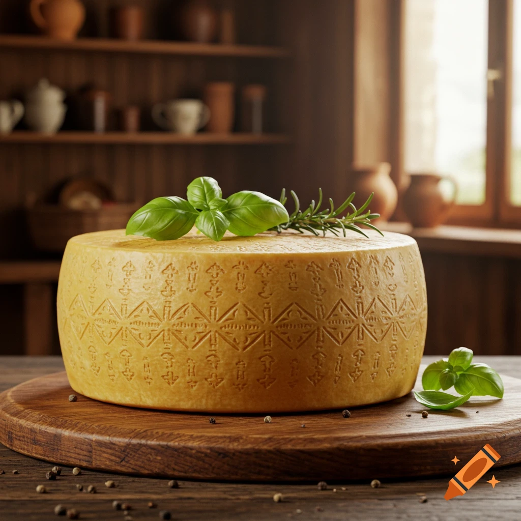 A large wheel of yellow cheese on a wooden board, garnished with fresh basil and rosemary, in a rustic kitchen.