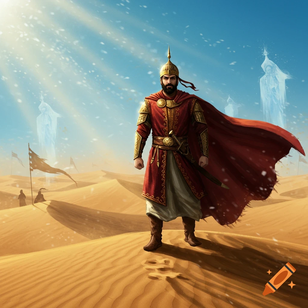 A bearded warrior in red and gold armor with a flowing red cape stands on desert sand dunes under sunbeams.