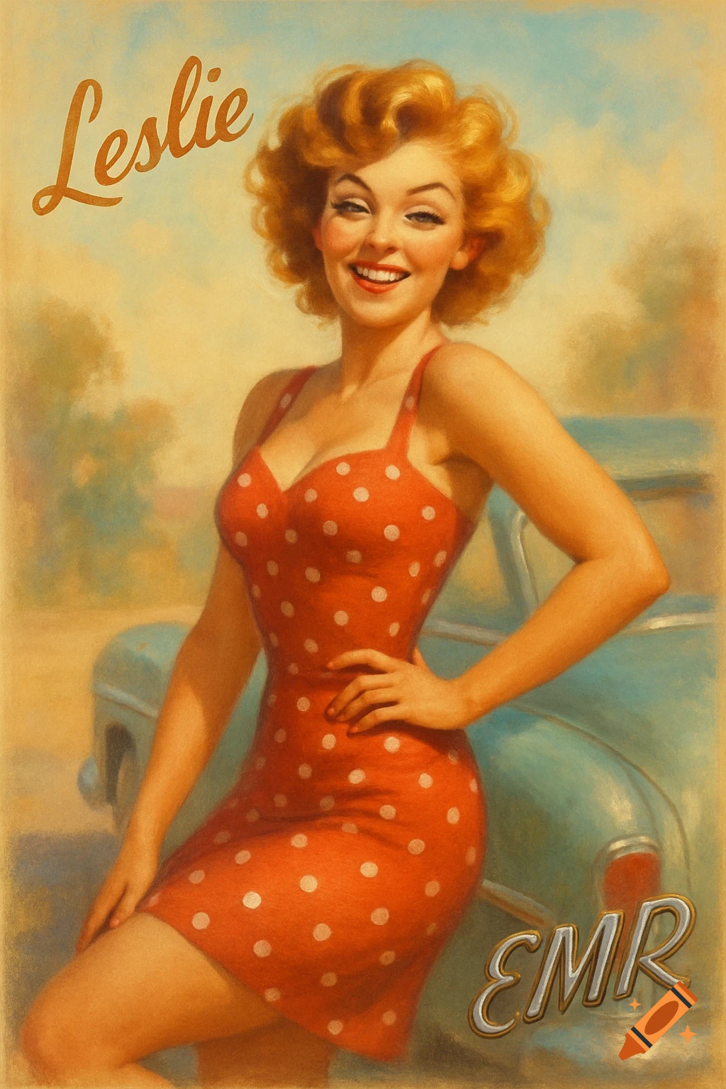 A smiling pin-up girl with red curly hair in a red polka dot dress, posing by a vintage car with "Leslie" and "EMR" text.