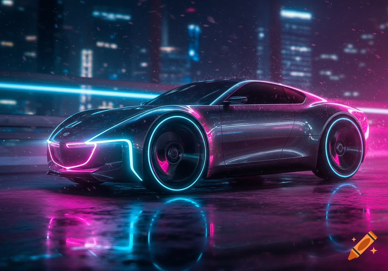 A sleek, futuristic car with neon pink and blue lights drives on a wet city street at night, reflecting vibrant colors.