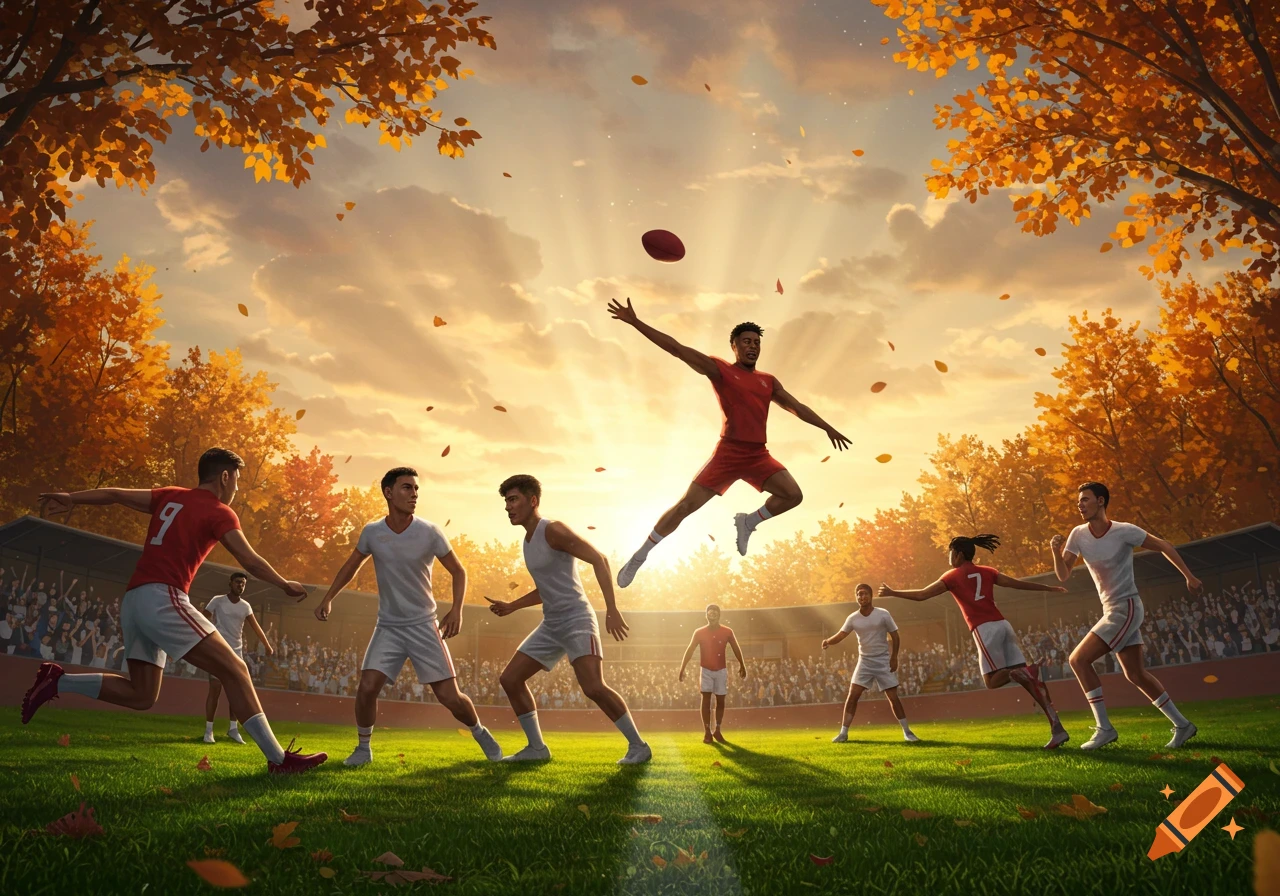 Players in red and white jerseys on a green field during an autumn sports game at sunset. One player leaps for an oval ball.