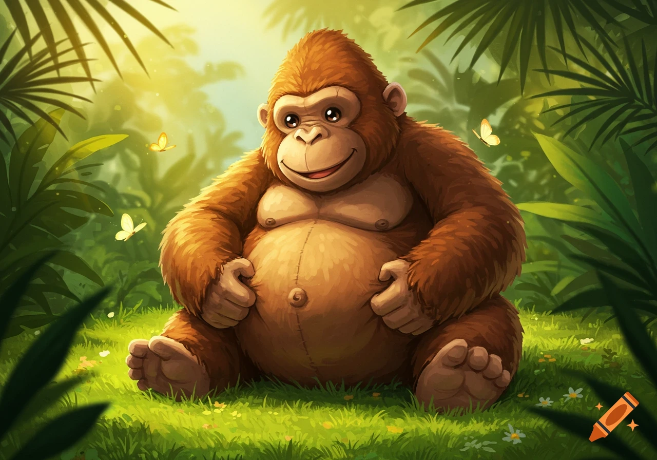 A smiling cartoon brown gorilla plush toy sits in a bright green jungle with butterflies flying around.