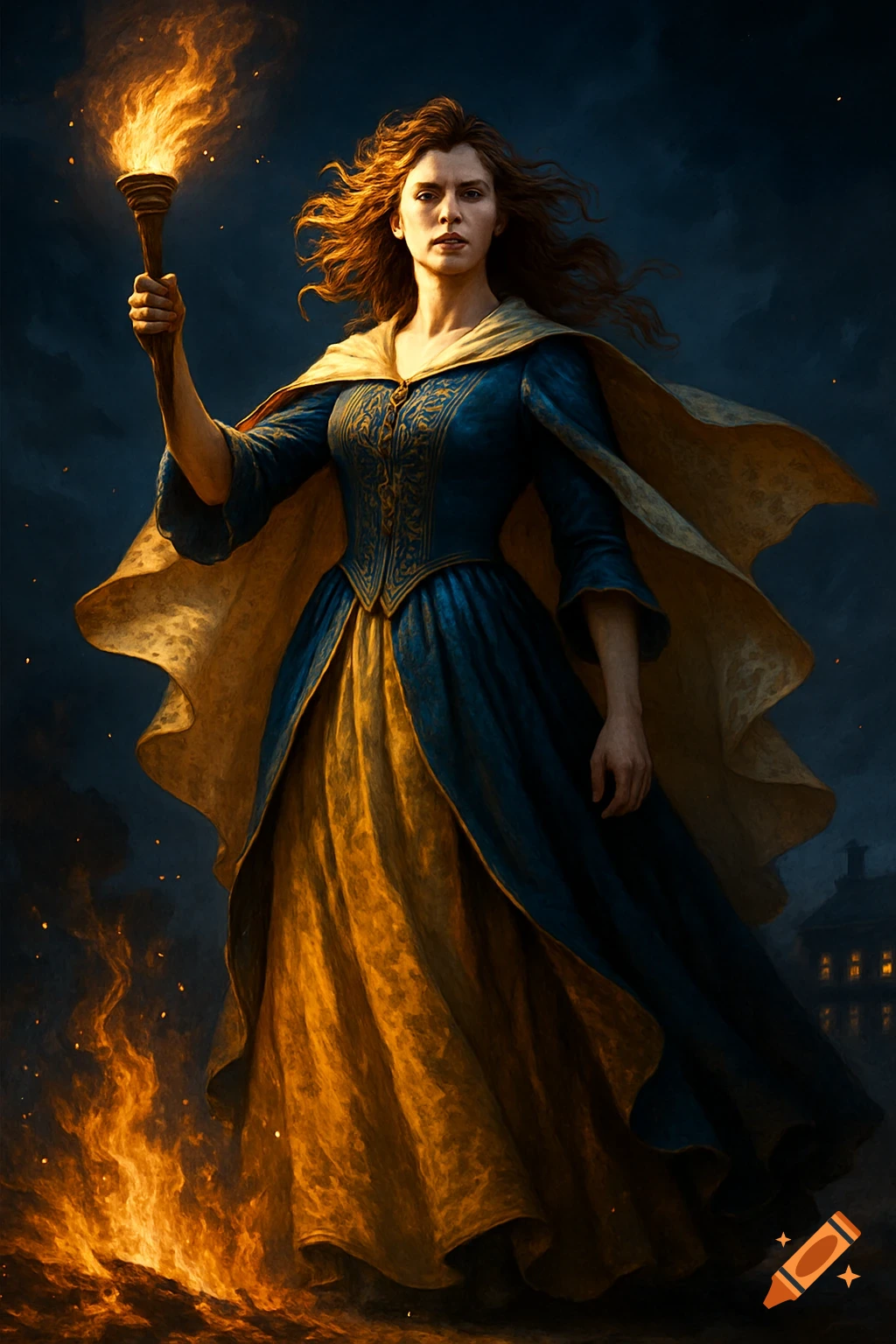 A determined woman in a blue and gold colonial dress and cape holds a fiery torch amidst flames, against a dark sky.