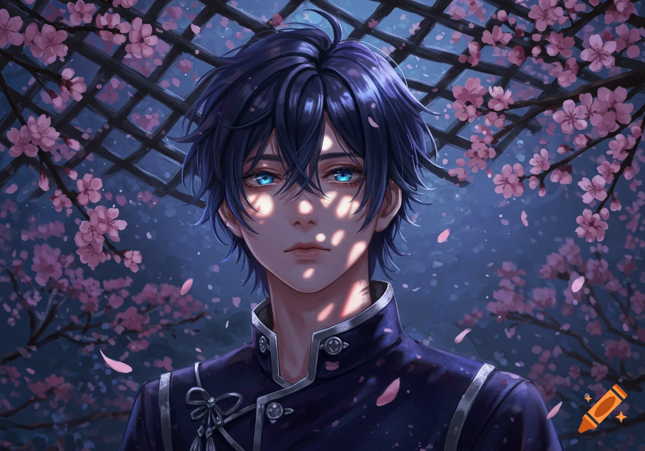 A close-up anime portrait of a blue-eyed boy with dark blue hair, illuminated by dappled sunlight under pink cherry blossoms.