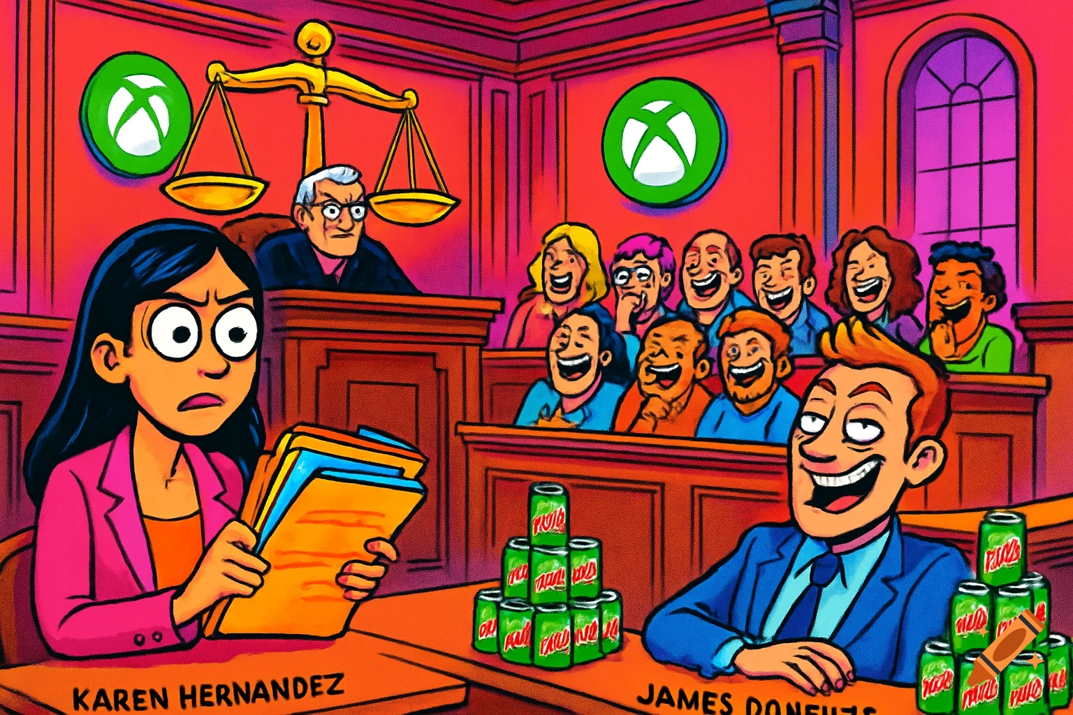 A comic-style courtroom scene with a stern judge, a surprised female plaintiff, a smirking male defendant surrounded by Mountain Dew cans, and a laughing jury. Xbox logos hang on the wall.