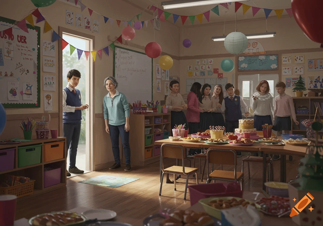 A classroom decorated with balloons and streamers for a party. Students gather around tables of food, while a boy and an adult stand near the doorway.