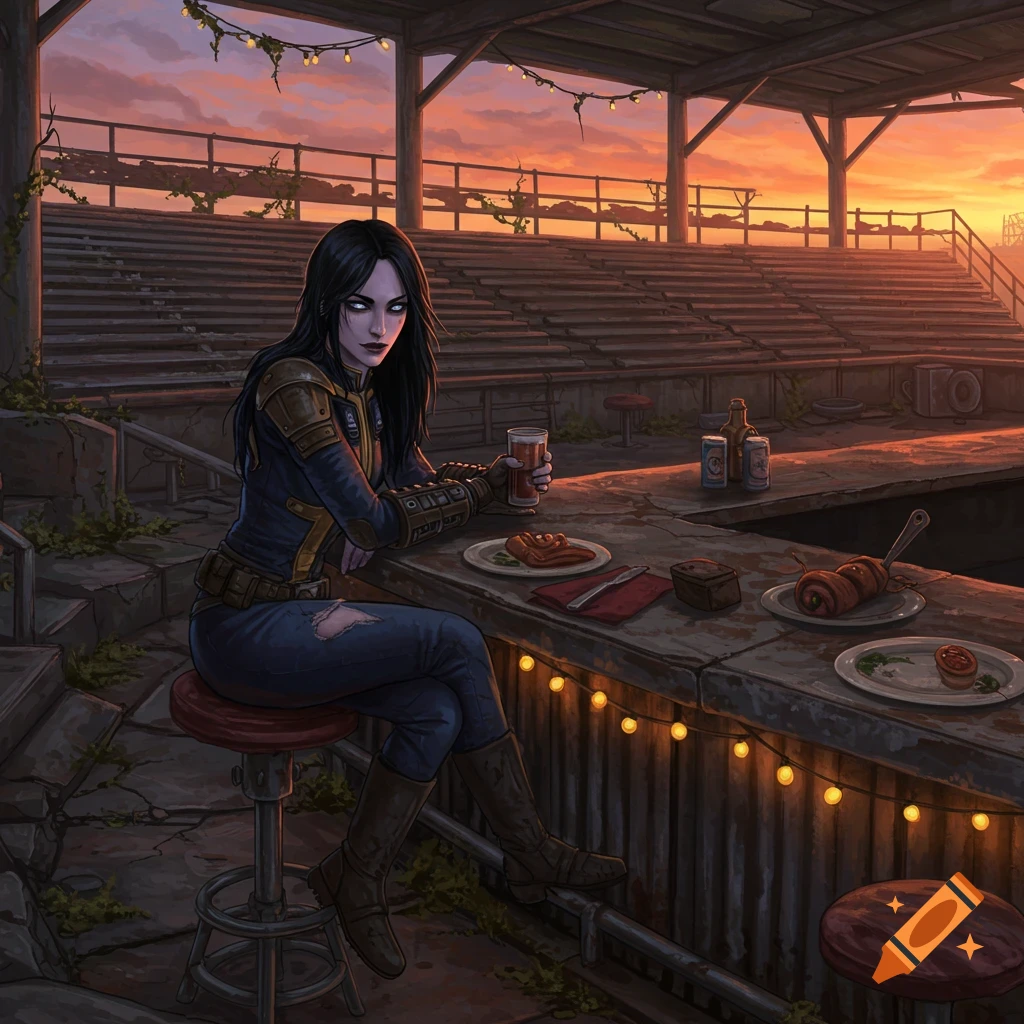 A long black-haired woman in a Fallout-style suit sits at a makeshift bar in a ruined baseball stadium at sunset, eating and drinking.