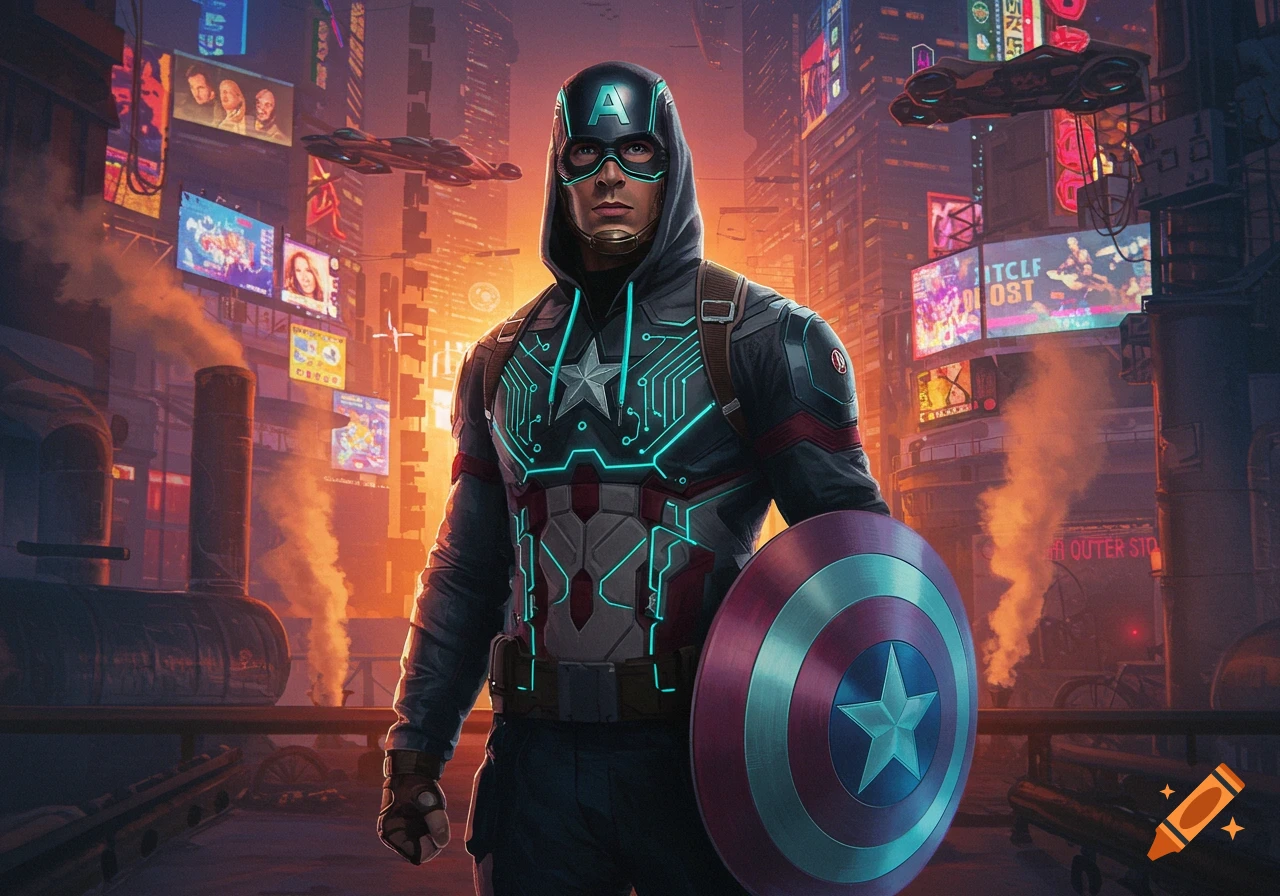 Captain America in a cyberpunk city, wearing a grey hoodie with glowing circuit patterns, holding his shield.