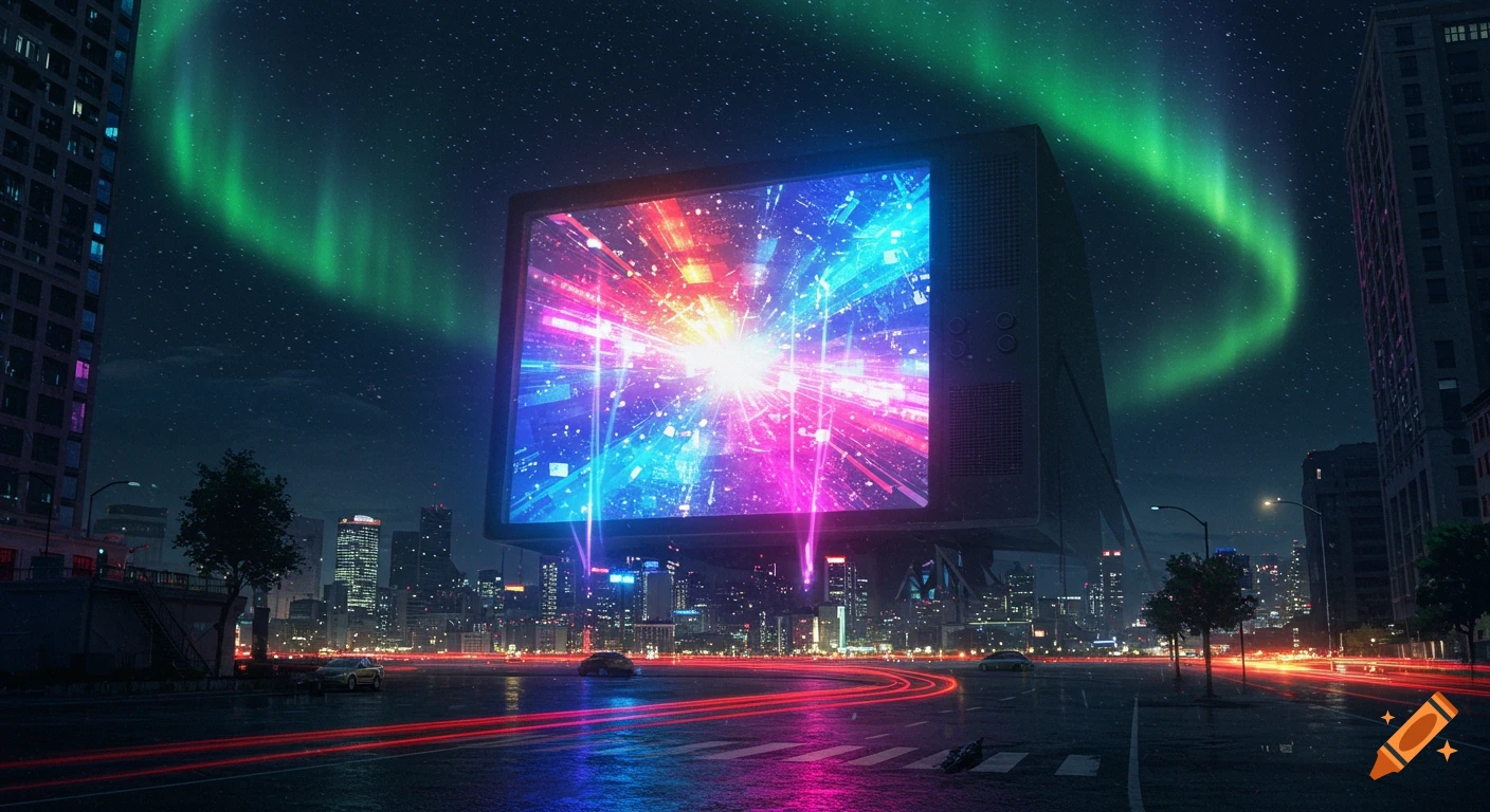 Colossal TV screen with a vibrant light explosion over a futuristic city at night, red light trails on wet streets under green aurora.
