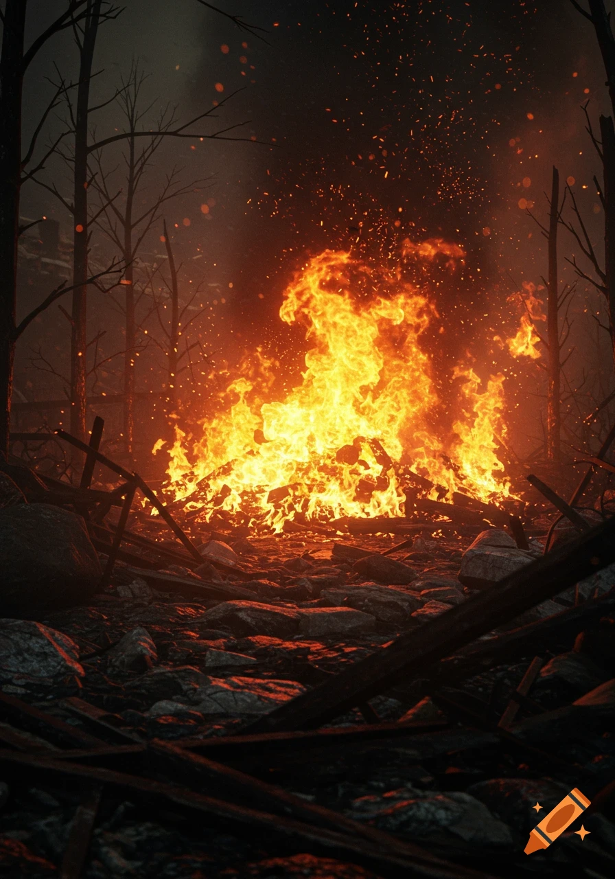 A large, bright fire burns intensely in a dark, barren forest, with sparks rising into the smoke-filled night sky. Photorealistic.