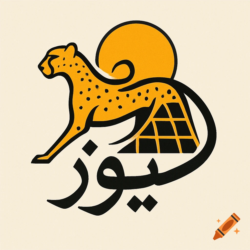 A stylized logo featuring a yellow cheetah with black spots, tear lines, and a black outline. Behind it is a yellow sun and a black grid representing solar panels. Below the cheetah, black Persian text spells "Yooz" (Cheetah).